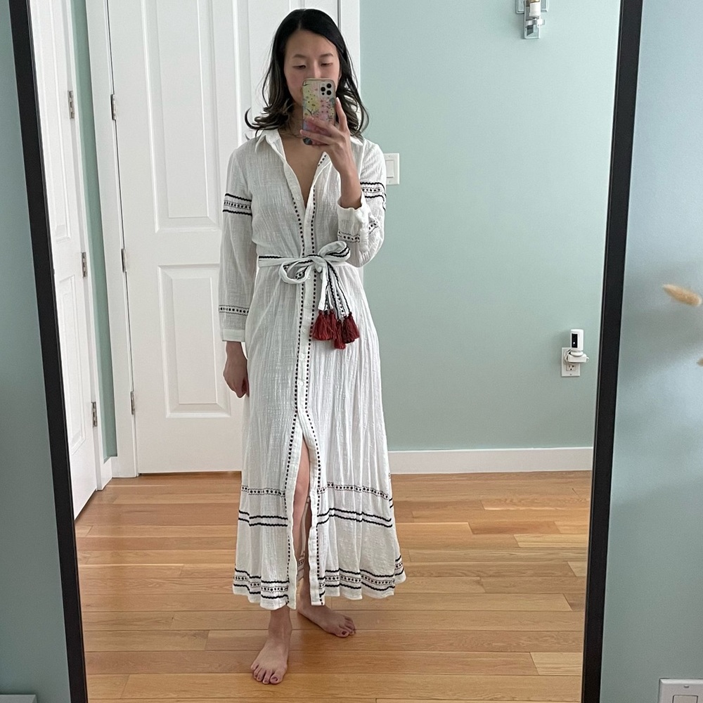 Zara Colorful Embroidery Button Down Maxi Dress with Red Tassel Tie